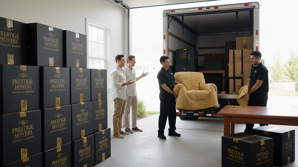 Close-up view of packed moving boxes stacked neatly in a garage