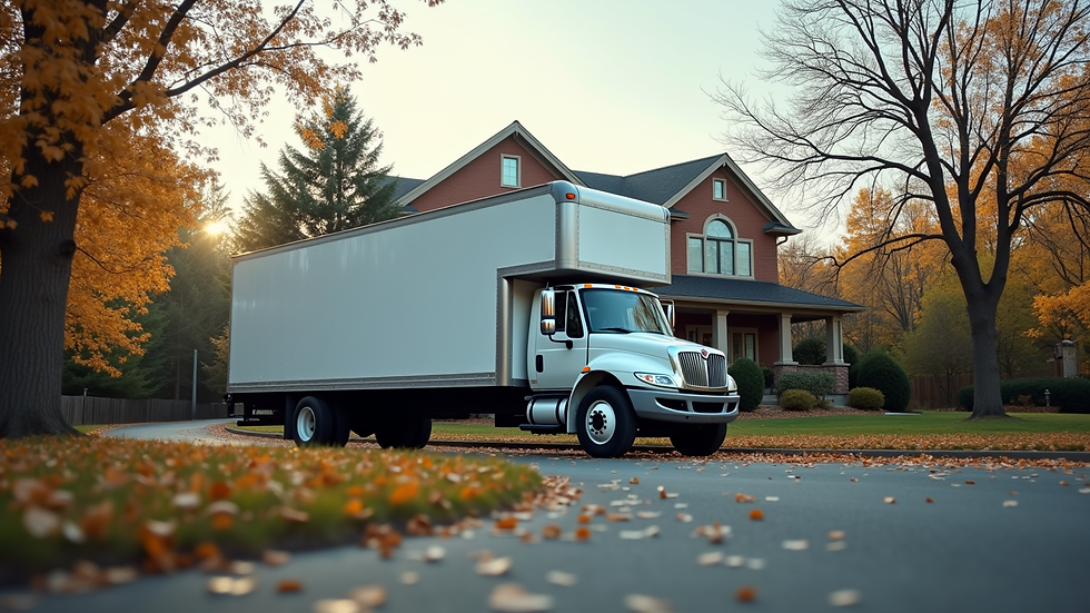 Eye-level view of a moving truck parked outside a residential home