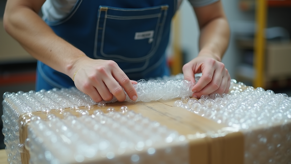 Eye-level view of a professional packer carefully wrapping fragile items in bubble wrap