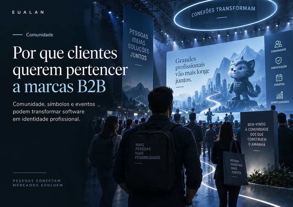 Imagem editorial de uma grande comunidade profissional em evento B2B, com símbolos de certificação, aprendizagem e pertencimento.