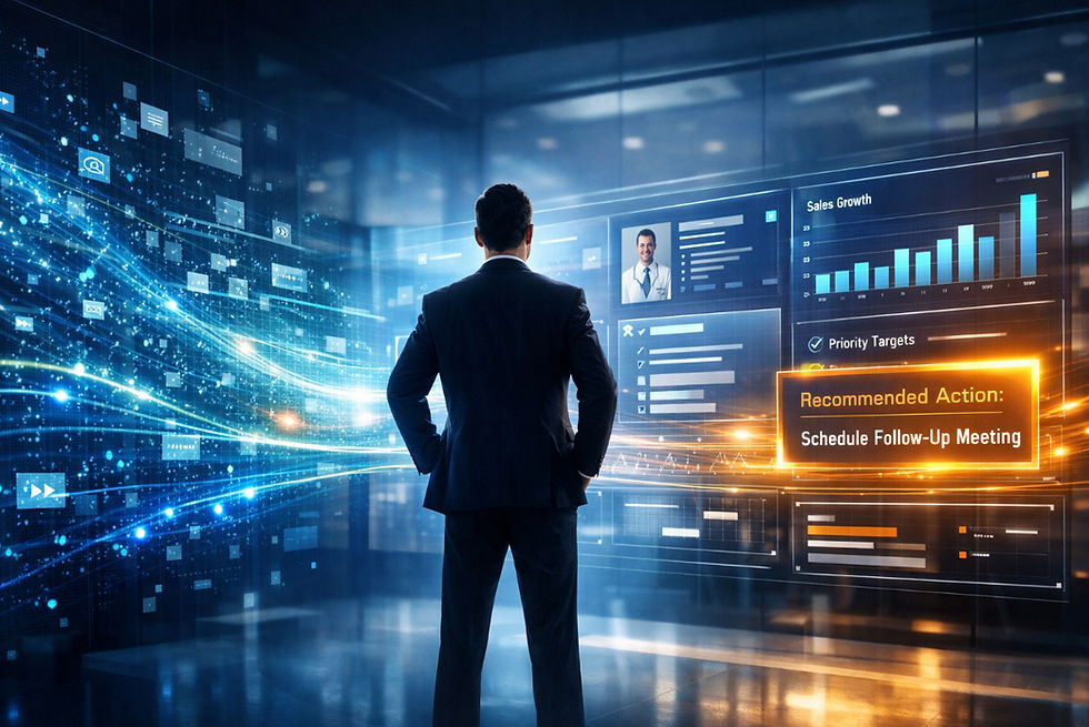 Framework illustrating how AI supports Commercial Excellence in pharma through CRM optimisation, Next Best Action, targeting, workflow integration, and embedded commercial decision making.