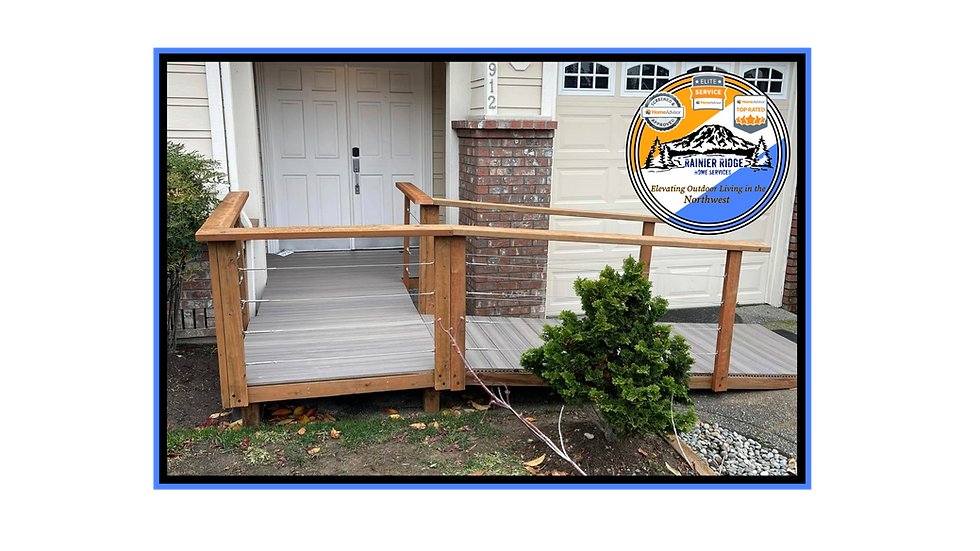 Trex Ramp with Cable Rail: "Custom ADA ramp with Trex Rocky Harbor decking and sleek cable railings for a modern, low-maintenance design.