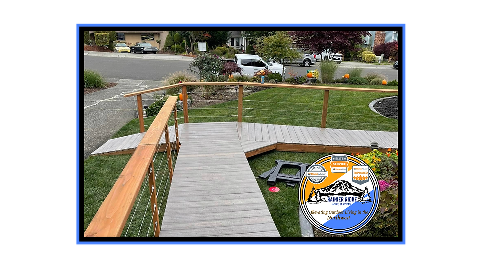 80-Foot Composite Ramp: "Long 80-foot ADA ramp with Trex Rocky Harbor decking and cable railings, connecting the backyard deck to the driveway and side street.