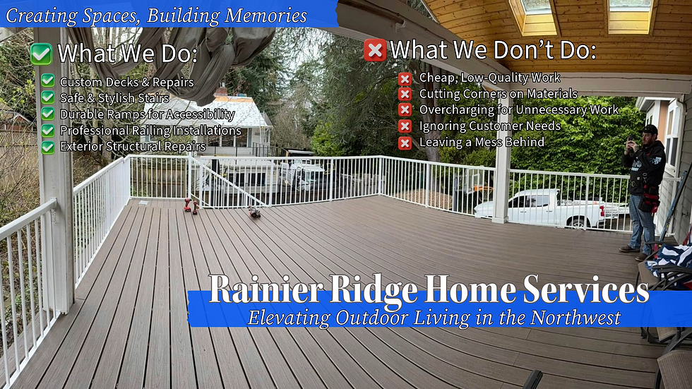 Custom-built deck with premium railings by Rainier Ridge Home Services, showcasing expert craftsmanship, durability, and stylish outdoor living solutions.