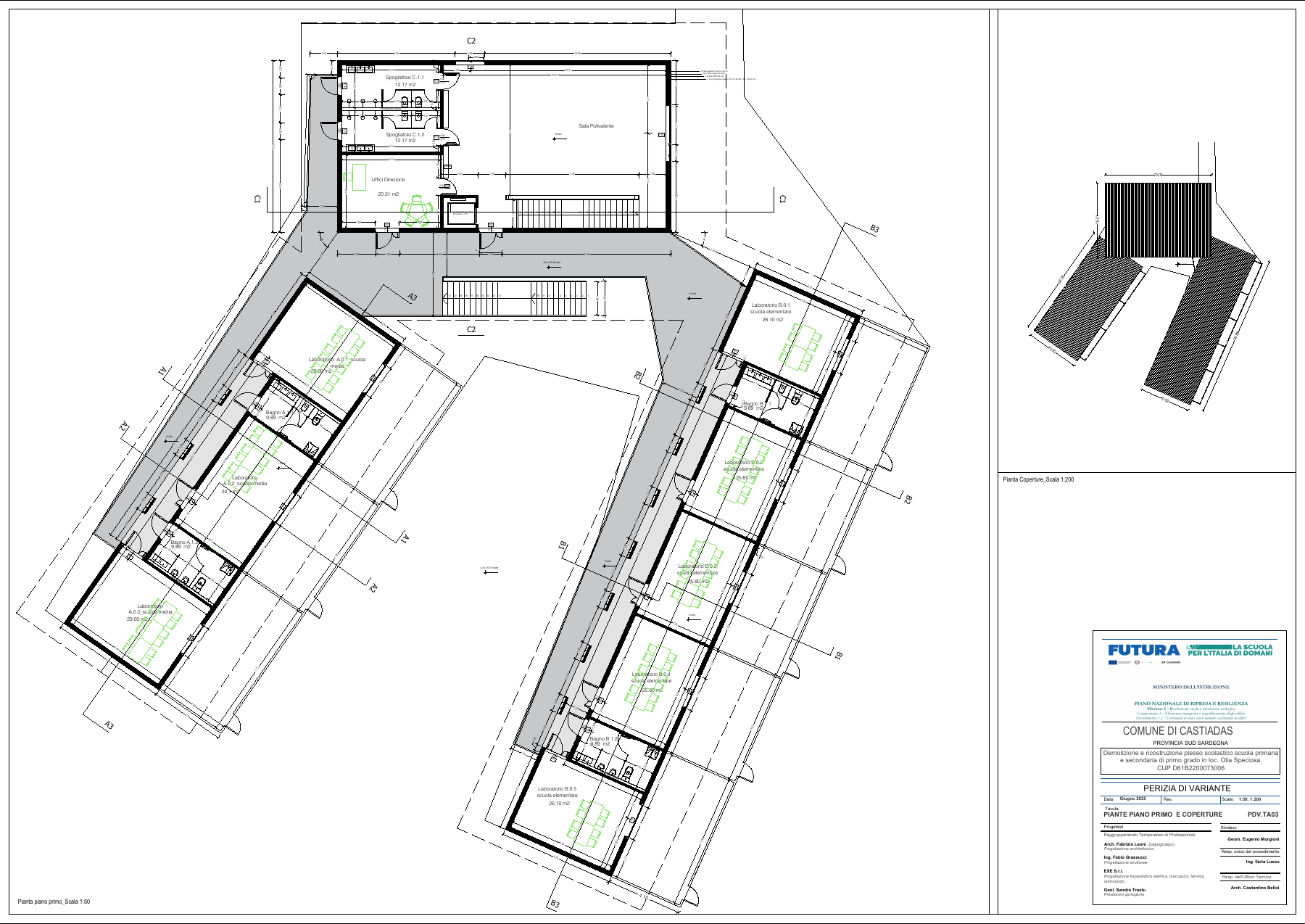 PDV.TA03 · First floor and roofs — 2025 revision · 1:50 / 1:200