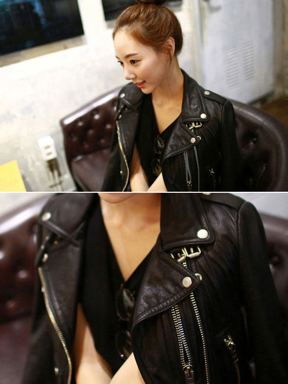 縮圖：短款修身皮夾克外套