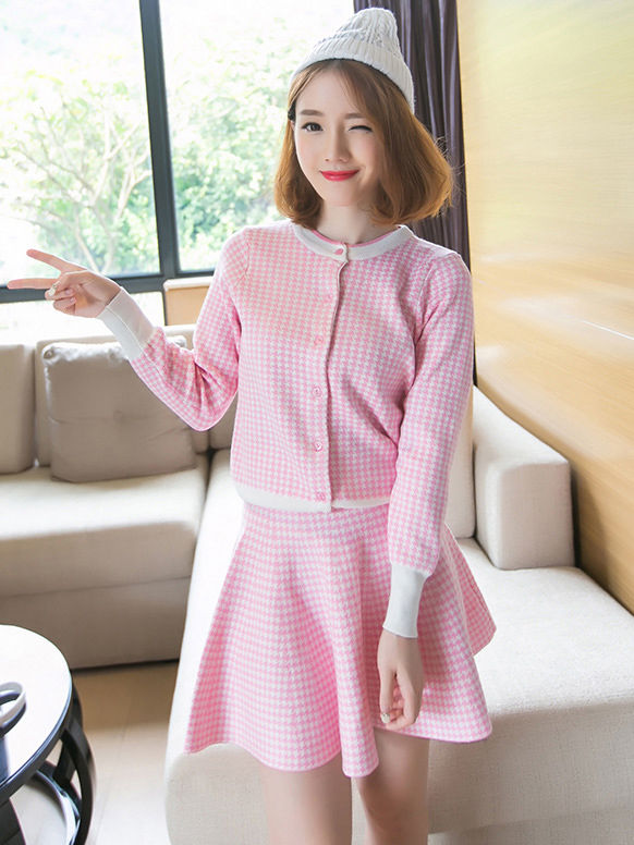 縮圖：千鳥格長袖針織外套+短裙兩件式