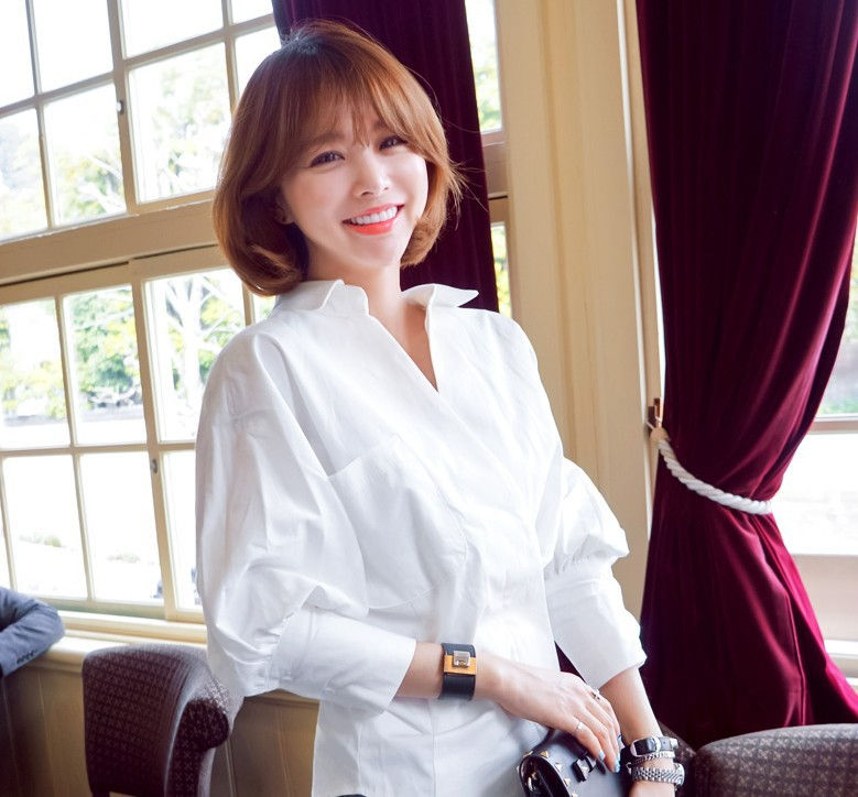 縮圖：【正韓空運】開領泡泡袖收腰襯衫上衣