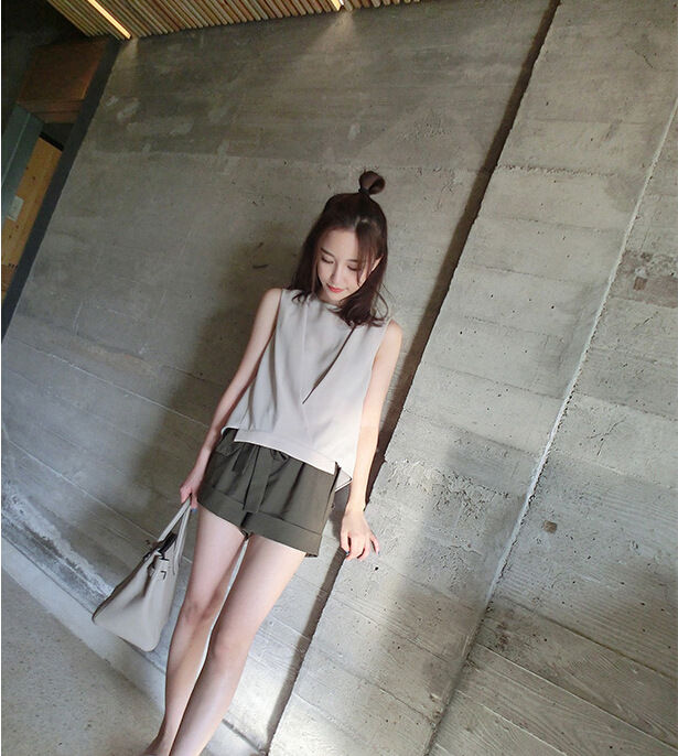 縮圖：高腰繫帶翻邊休閒短闊腿褲