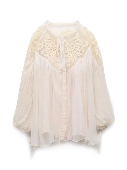 縮圖：領口透視網紗蕾絲刺繡雪紡上衣