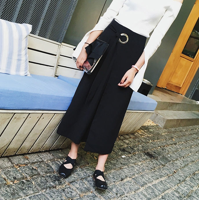 縮圖：顯瘦圓環綁帶九分褲闊腿褲