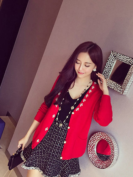 縮圖：V領珍珠釦針織小外套