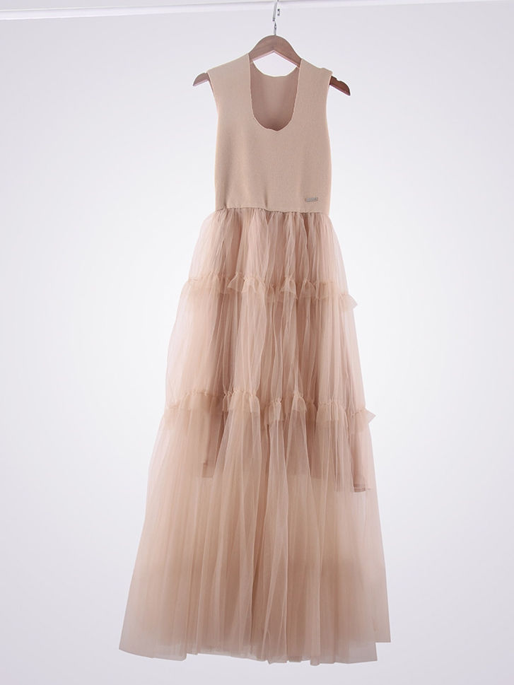 縮圖：U領針織拼接網紗裙洋裝