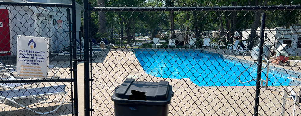 This image depicts an outdoor swimming pool area surrounded by a black chain-link fence. Key elements include:  Swimming Pool: The pool is clean and well-maintained, with clear blue water. It appears to be a community or facility pool given the structured environment and signage.  Fence: The chain-link fence is a safety feature, ensuring that only authorized individuals have access to the pool.  Signage: A sign on the fence states, "Pool & Spa are for Registered Guests. Visitors of guests must pay a fee at the office. Children under age 16 must be accompanied by an adult aged 19+."  Amenities: There are several lounge chairs around the pool, suggesting that it is a place for relaxation and sunbathing.  Environment: The area around the pool is surrounded by trees, indicating it is located in a more natural or park-like setting, providing a pleasant and shady environment.  Buildings: In the background, there is a white building with a red door, possibly restrooms or a changing area.  The overall setting suggests this is a pool at a campground, RV park, or a similar recreational facility, offering a comfortable and family-friendly environment for guests.