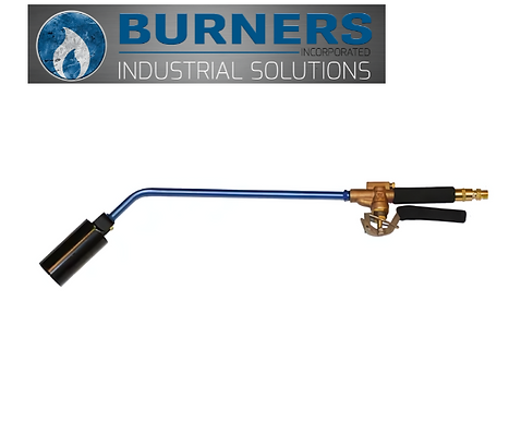 A blue and black torch from Burners Industrial Solutions, featuring a long metal tube with a grip handle, a brass valve control, and a black burner head at the end. The company's logo is positioned at the top, with a flame icon and the text 'Burners Incorporated Industrial Solutions'.