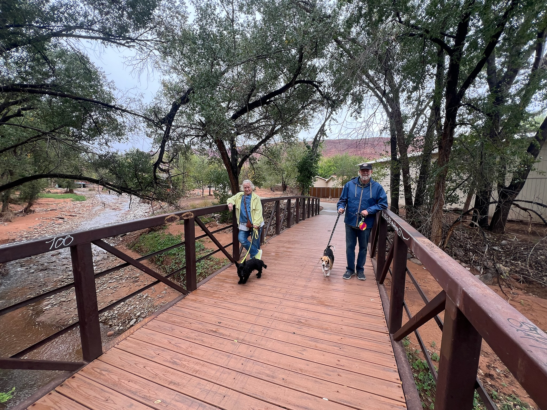 Couple walking their dogs across a wooden bridge over Oak Creek in Sedona, Arizona — surrounded by lush trees and red rock scenery during The TinMan Adventures Utah to Arizona road trip.