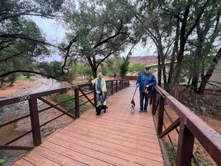 Couple walking their dogs across a wooden bridge over Oak Creek in Sedona, Arizona — surrounded by lush trees and red rock scenery during The TinMan Adventures Utah to Arizona road trip.
