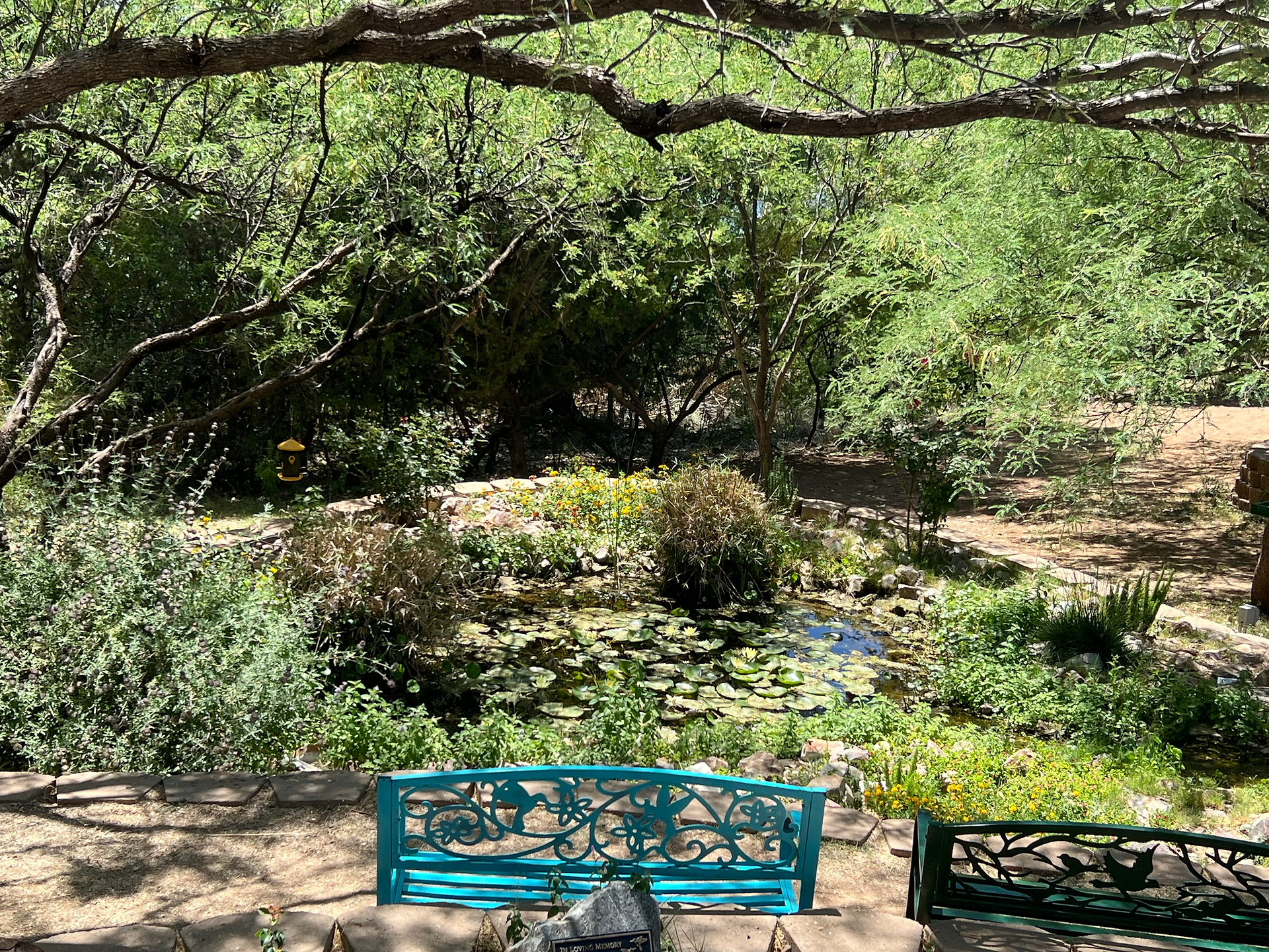 A small, colorful garden area surrounded by a brick border and shaded by trees. Painted stones in bright colors, including a blue flower with a yellow center, are scattered across the ground, adding a whimsical touch. A birdbath and small decorations enhance the tranquil and inviting atmosphere of this shaded garden space.