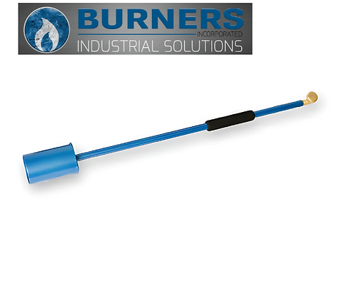 FV-11 burner from Burners Incorporated Industrial Solutions, featuring a long blue metal pipe with a brass nozzle at the end, a cylindrical blue shield near the nozzle, and a black handgrip along the pipe.