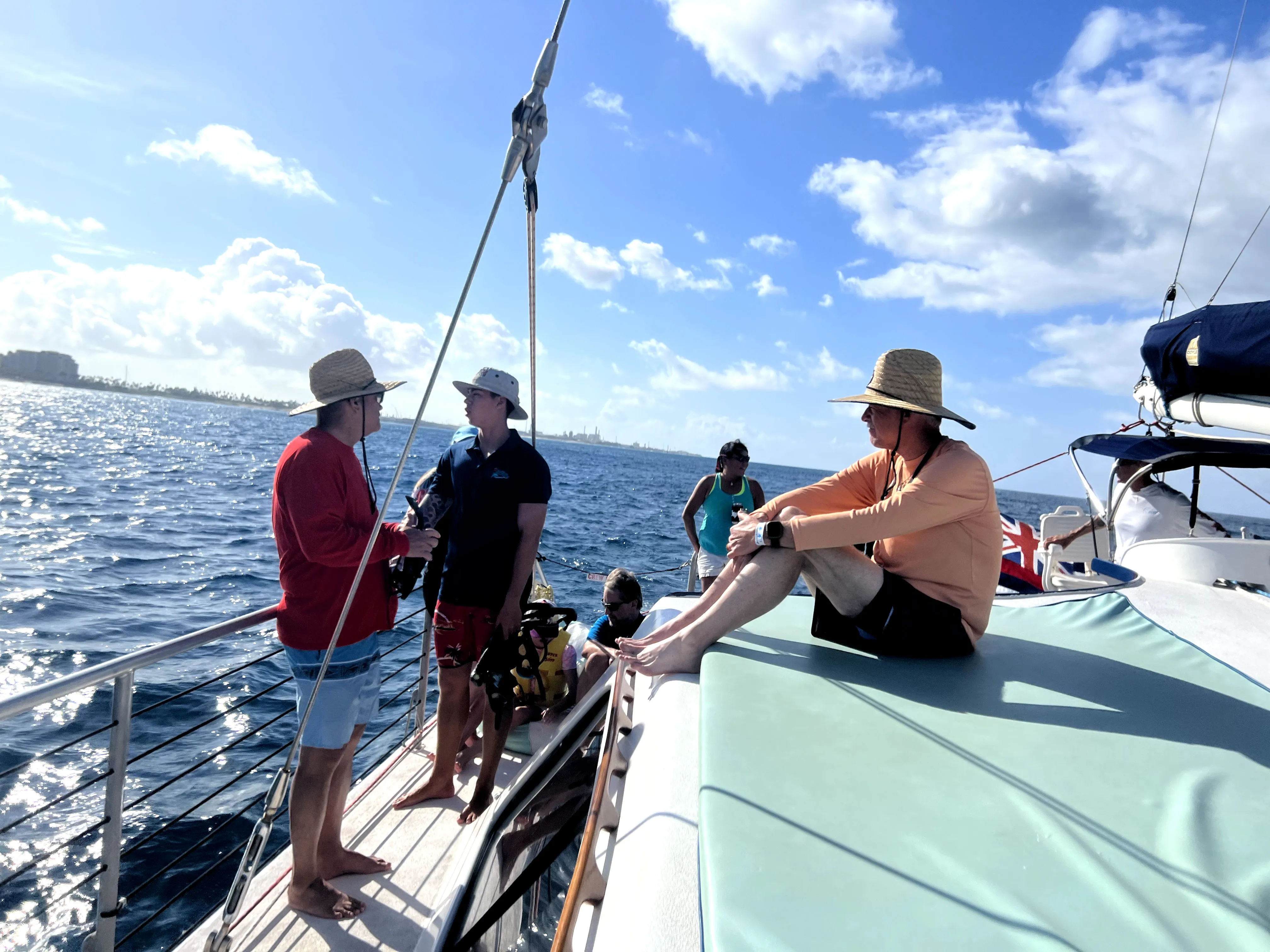 Relaxing on boat, before getting ready to go snorkeling in Hawaii, Ko Olina Ocean Adventures.