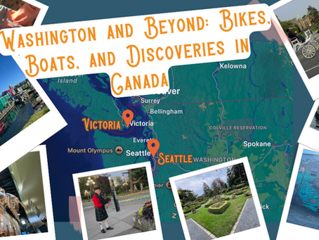 Collage-style blog cover image titled "Washington and Beyond: Bikes, Boats, and Discoveries in Canada." A map highlights Victoria and Seattle with orange location markers. Surrounding the map are polaroid-style travel photos, including a person eating a burger, kayaks at Fisherman's Wharf in Victoria, a horse-drawn carriage in front of a historic building, museum skeleton exhibits, a person in Scottish attire playing bagpipes, ornate gardens, and waterfront views. The design suggests a fun and scenic travel adventure through Washington and southern British Columbia.