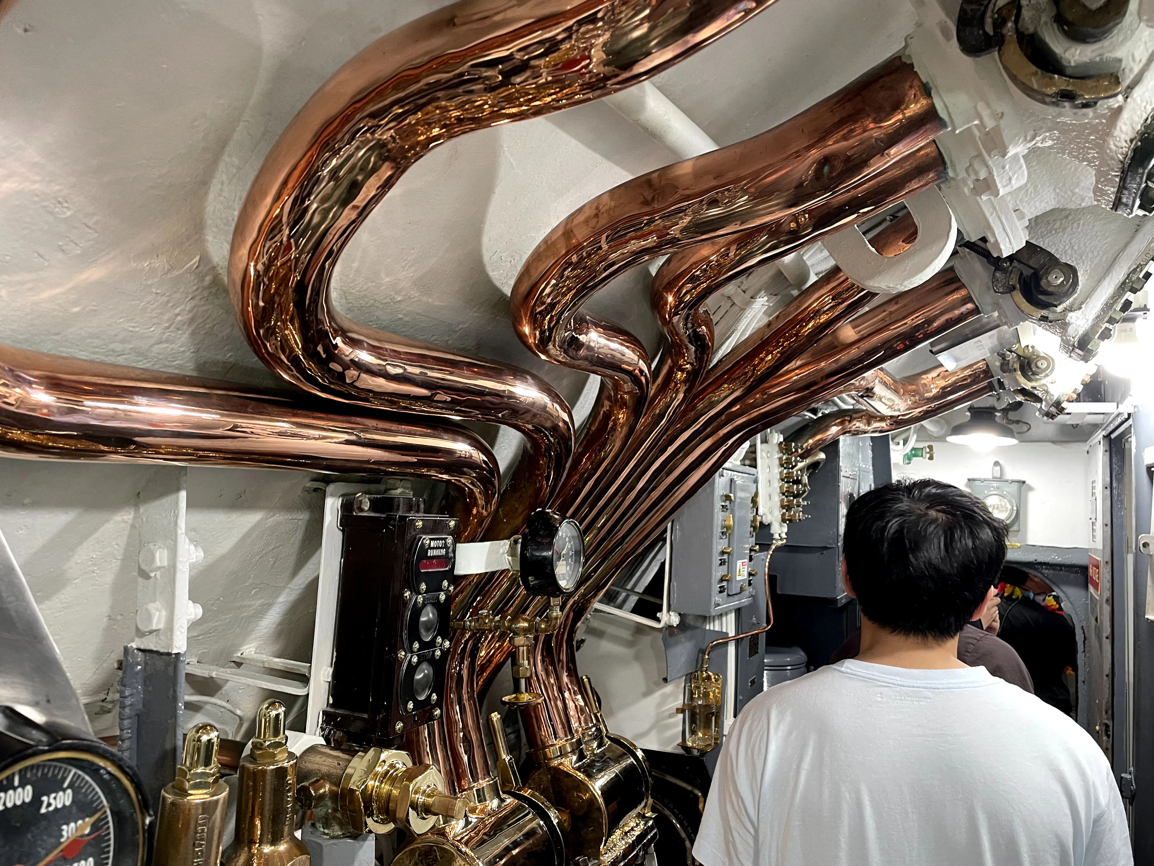 Copper pipes from inside a submarine. 