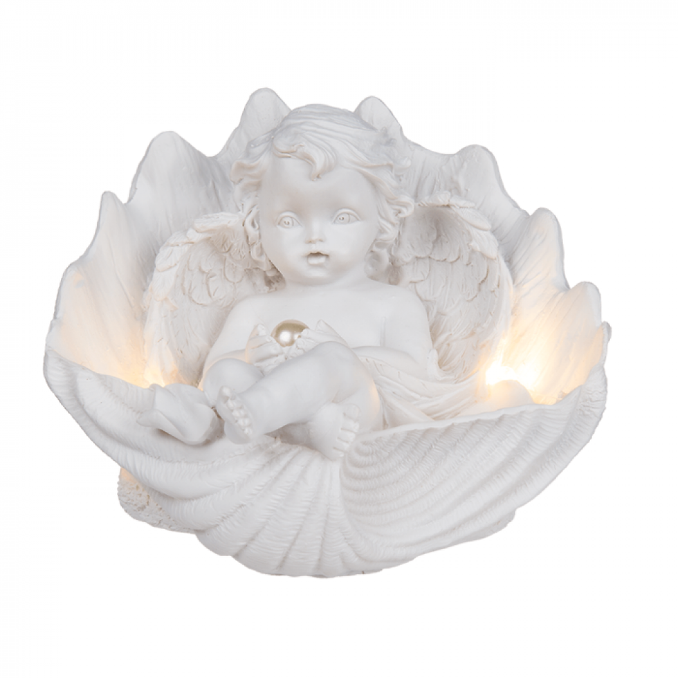 Miniatyrbild: Liggande ängel med pärla i skal & LED