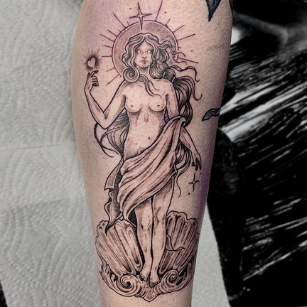 Fine line goddess figure tattoo in black and grey