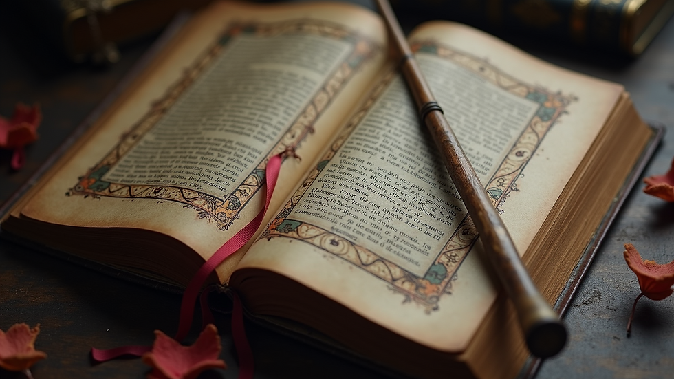 High angle view of a wand resting on an ancient book with magical symbols