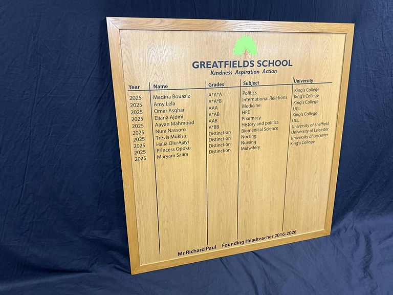 Greatfields School oak honours board showing student achievements with grades, subjects, and universities listed.