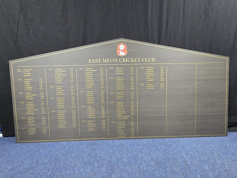 ACM panel honours board for East Meon Cricket Club showing full board with gold vinyl lettering and club crest.