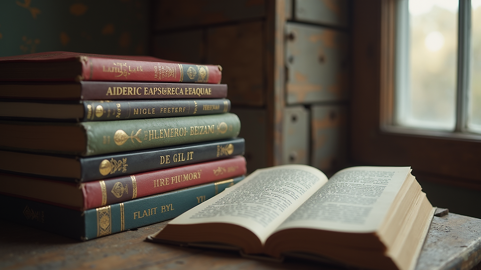 Eye-level view of a cozy reading nook with a stack of fantasy and sci-fi books