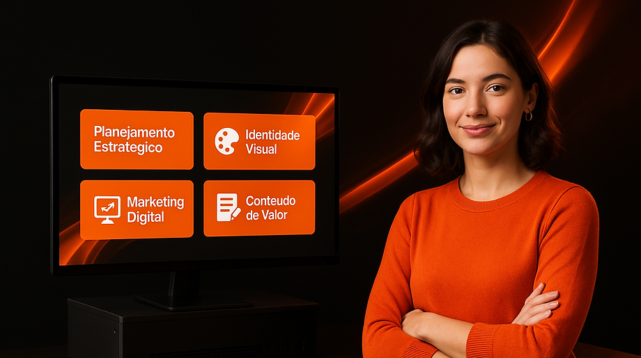 tela de televisão contendo 4 imagens escrita: planejamento estratégico, identidade visual, marketing digital, conteúdo de val