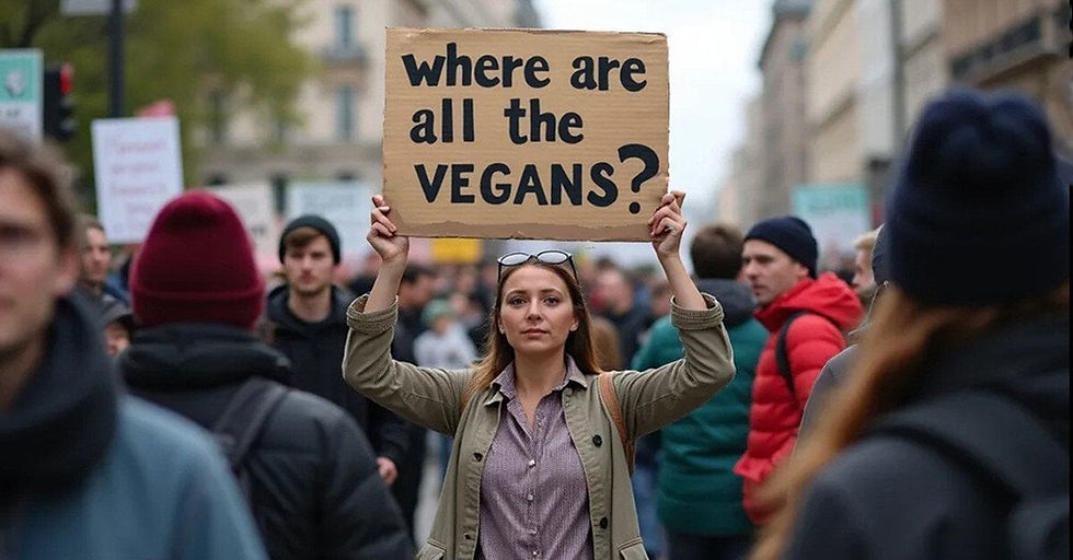 A woman with brown hair, purple shirt, green jacket and sunglasses on head is the focus of the image. She is holding a cardboard sign that says "Where are all the vegans?" with a crowd in the background.