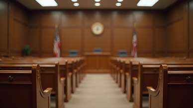 Eye-level view of a courtroom with empty benches