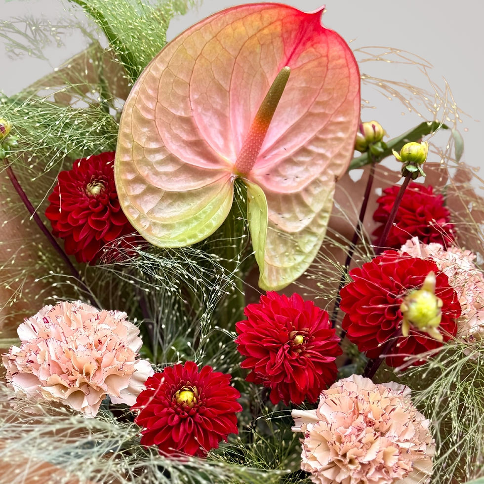 Elegant blomsterbuket med blush anthurium, røde georginer og moderne nordisk design.