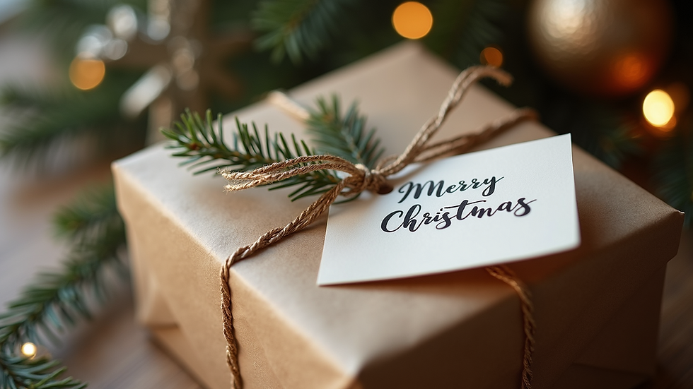 Close-up view of a beautifully wrapped gift with a handwritten card