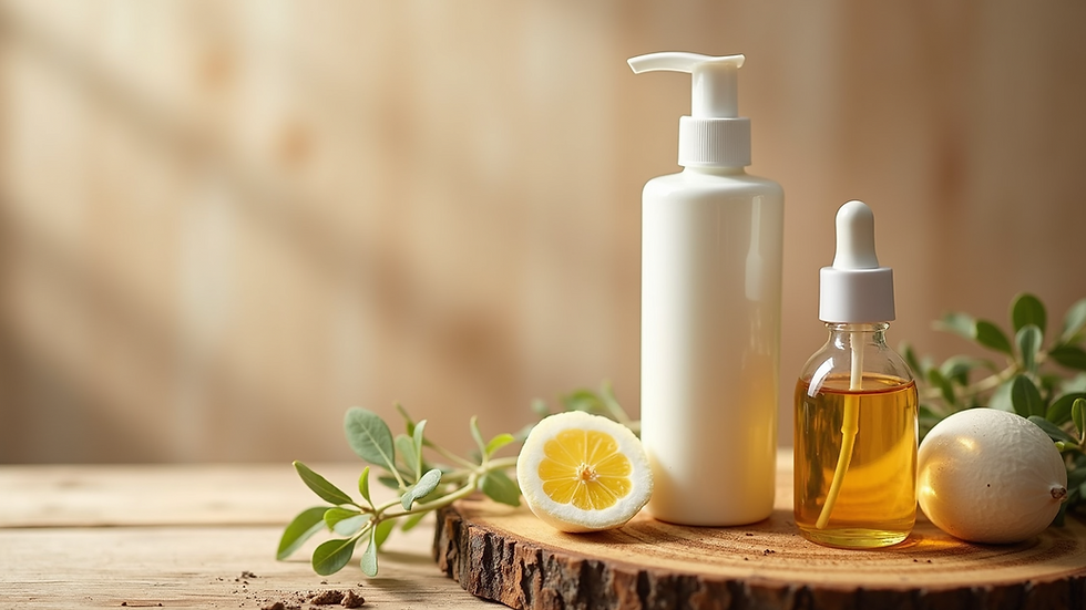 Close-up view of natural skincare products arranged on a wooden surface