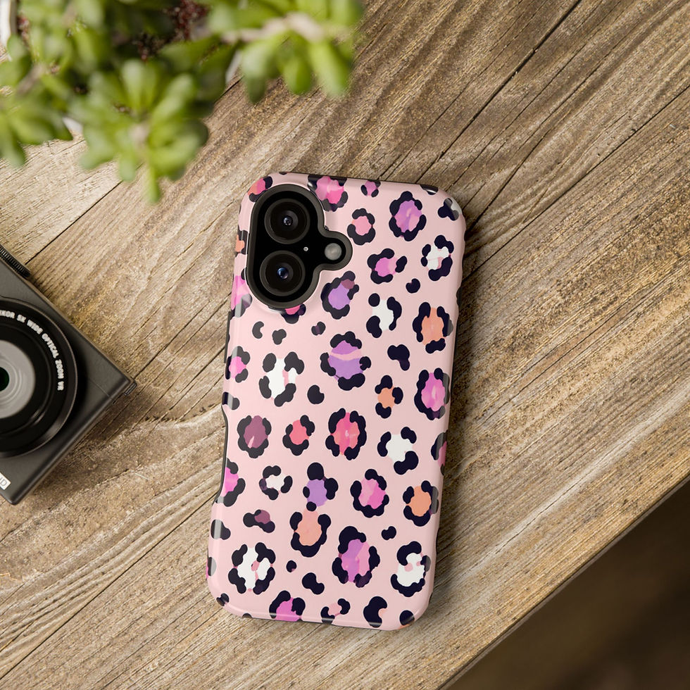 Pink Leopard Pop Glossy Magnetic Phone Case – Lifestyle Tabletop View