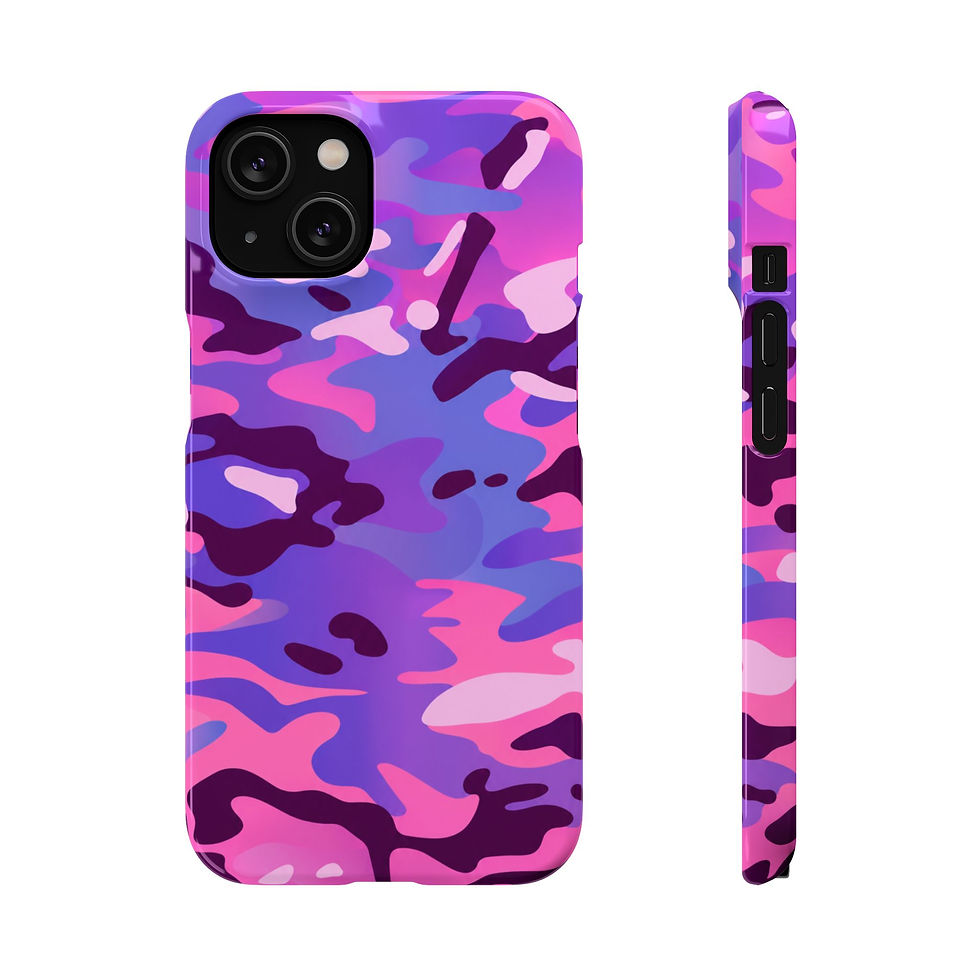 Sličica: Electric Pink Camo Slim Phone Case – Front and Side View featuring vibrant pink purple and lavender camouflage
