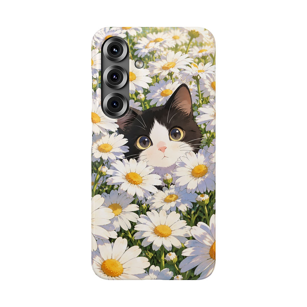 Miniatura: Daisy Dream Tuxedo Cat Slim Phone Case – Samsung front view featuring tuxedo cat among white daisies