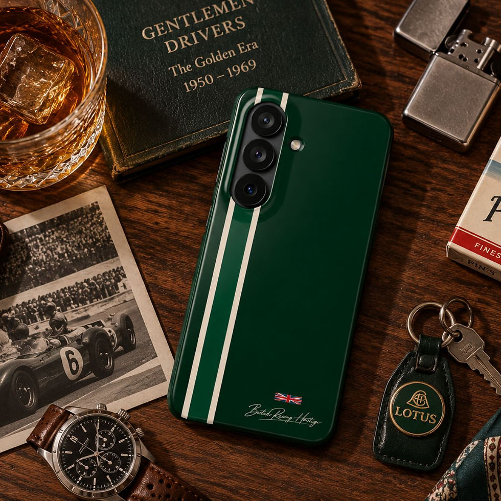 Miniaturbild: British Racing Green Classic Stripe Racing Slim Samsung S 26 Phone Case – top-down lifestyle view in a vintage 1960s setting