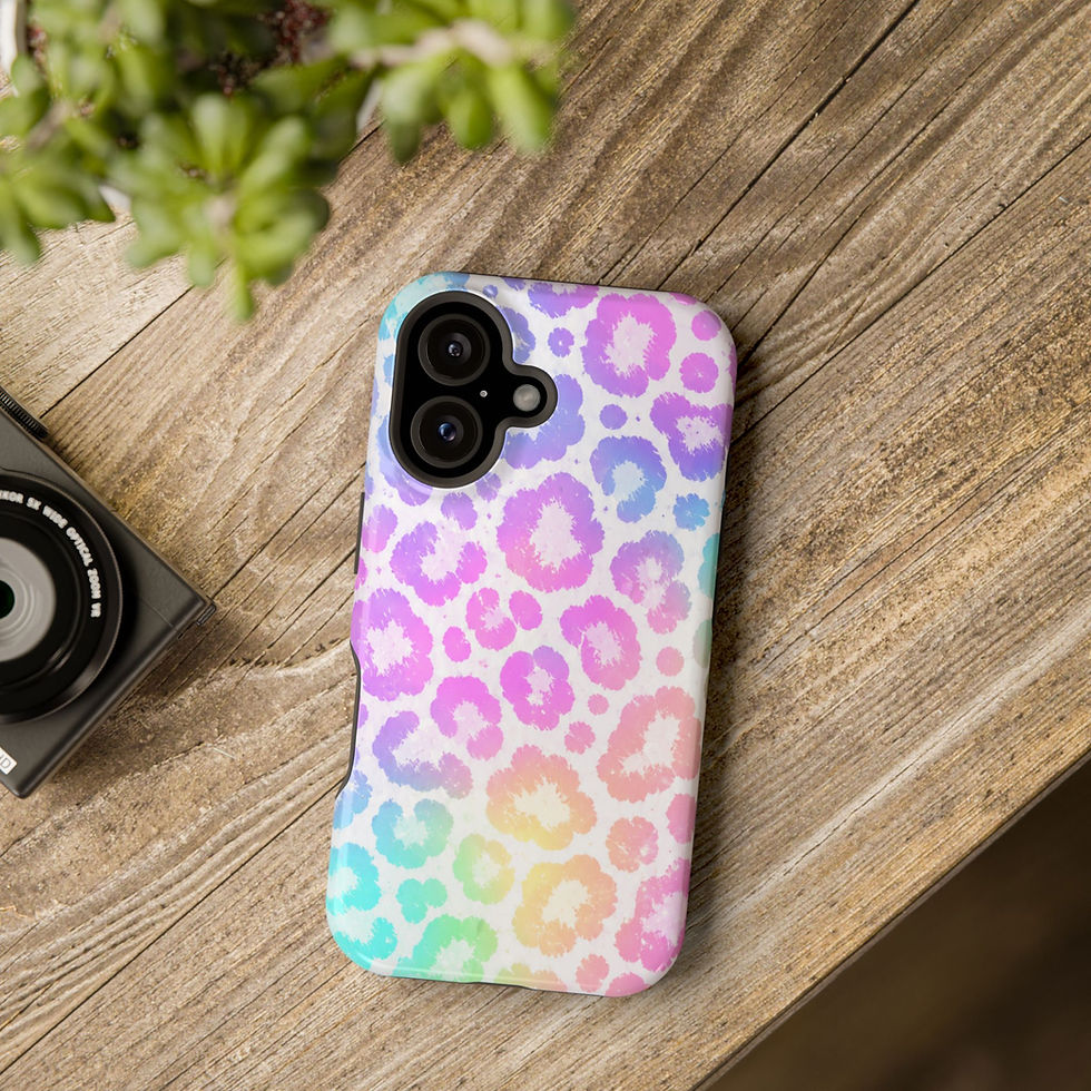Pastel Rainbow Leopard Glossy Magnetic Phone Case – Lifestyle Tabletop View