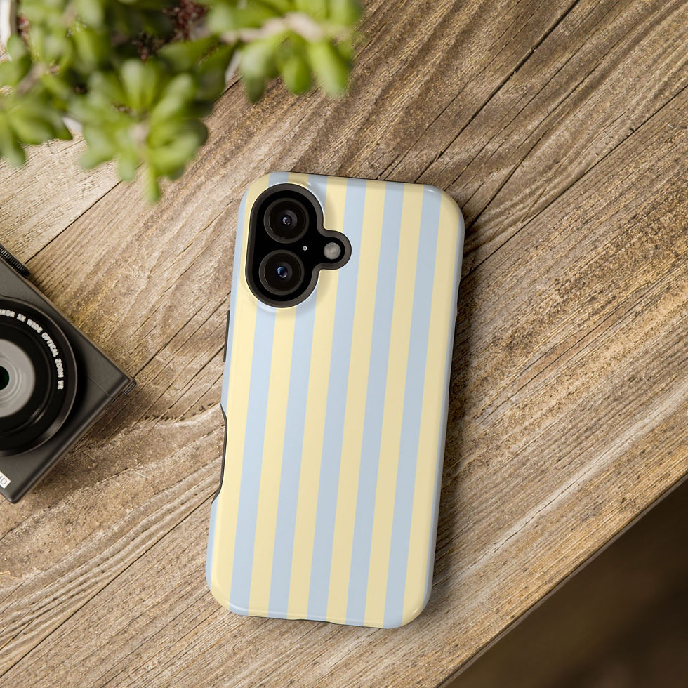 Butter Blue Stripe Glossy Magnetic Phone Case – Lifestyle Tabletop View