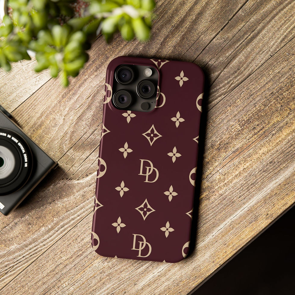 Bordeaux Impérial Luxury Monogram Slim iPhone Case – Lifestyle View on Wooden Table