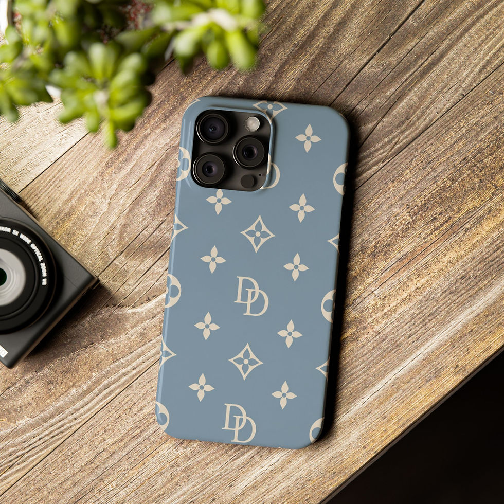 Bleu Riviera Luxury Monogram Slim iPhone Case – Lifestyle View on Wooden Table