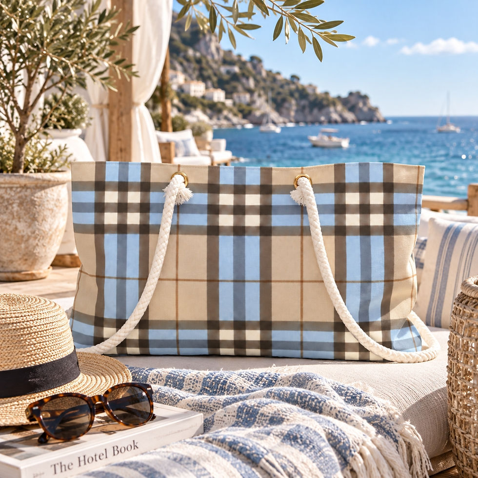 Thumbnail: Powder Blue Champagne Heritage Vintage Plaid Weekender Bag – Mediterranean Coastal Resort Lifestyle View