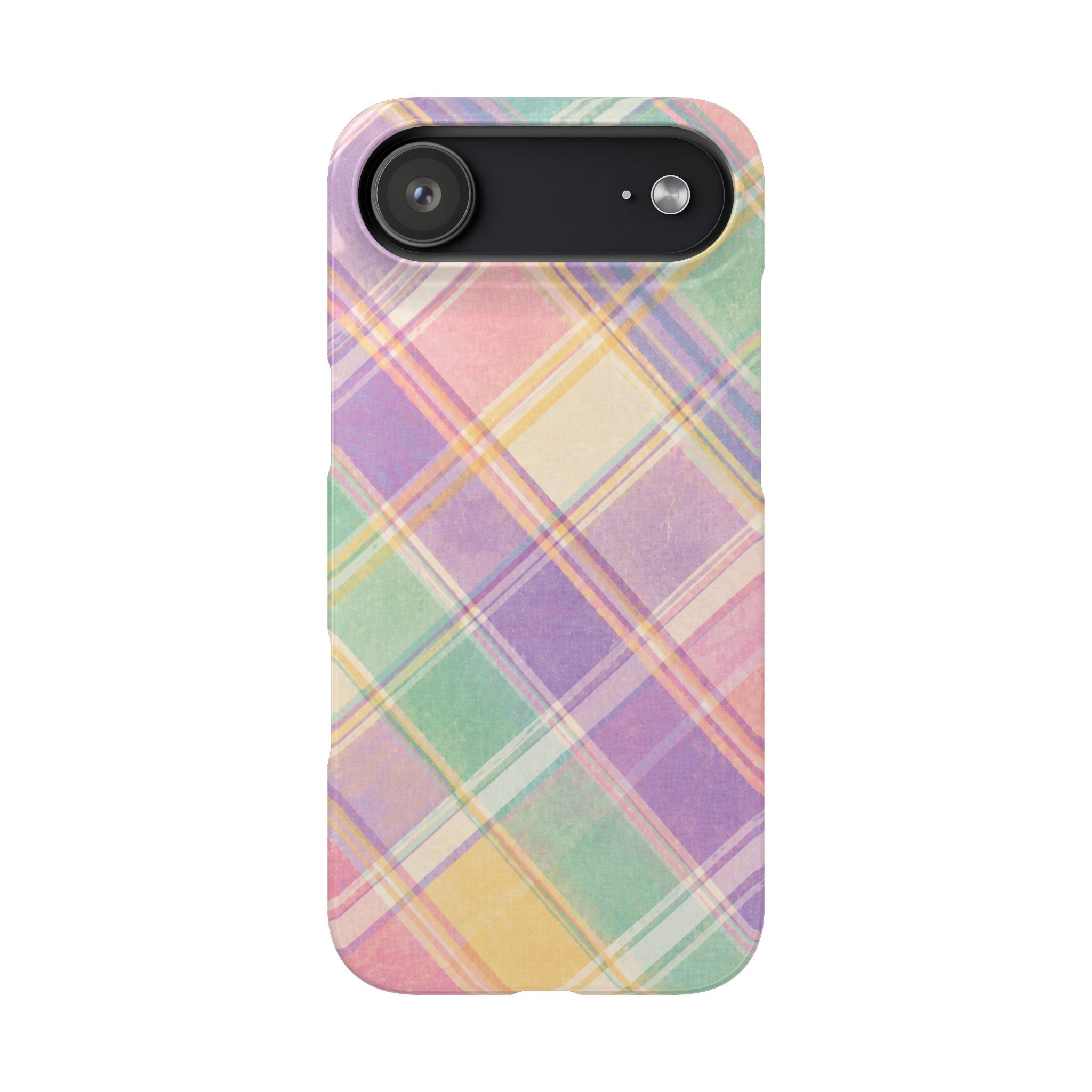 Vintage French Summer Plaid Slim iPhone 17 Air Case – Front View with lavender mint pink yellow and crème pastel plaid design