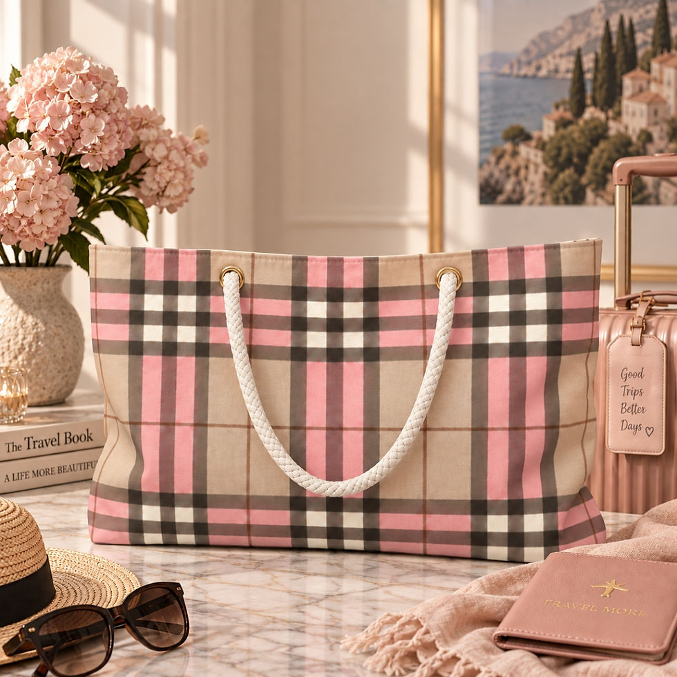 Indexkép: Champagne Blush Heritage Vintage Plaid Weekender Bag – Luxury Travel Lifestyle View