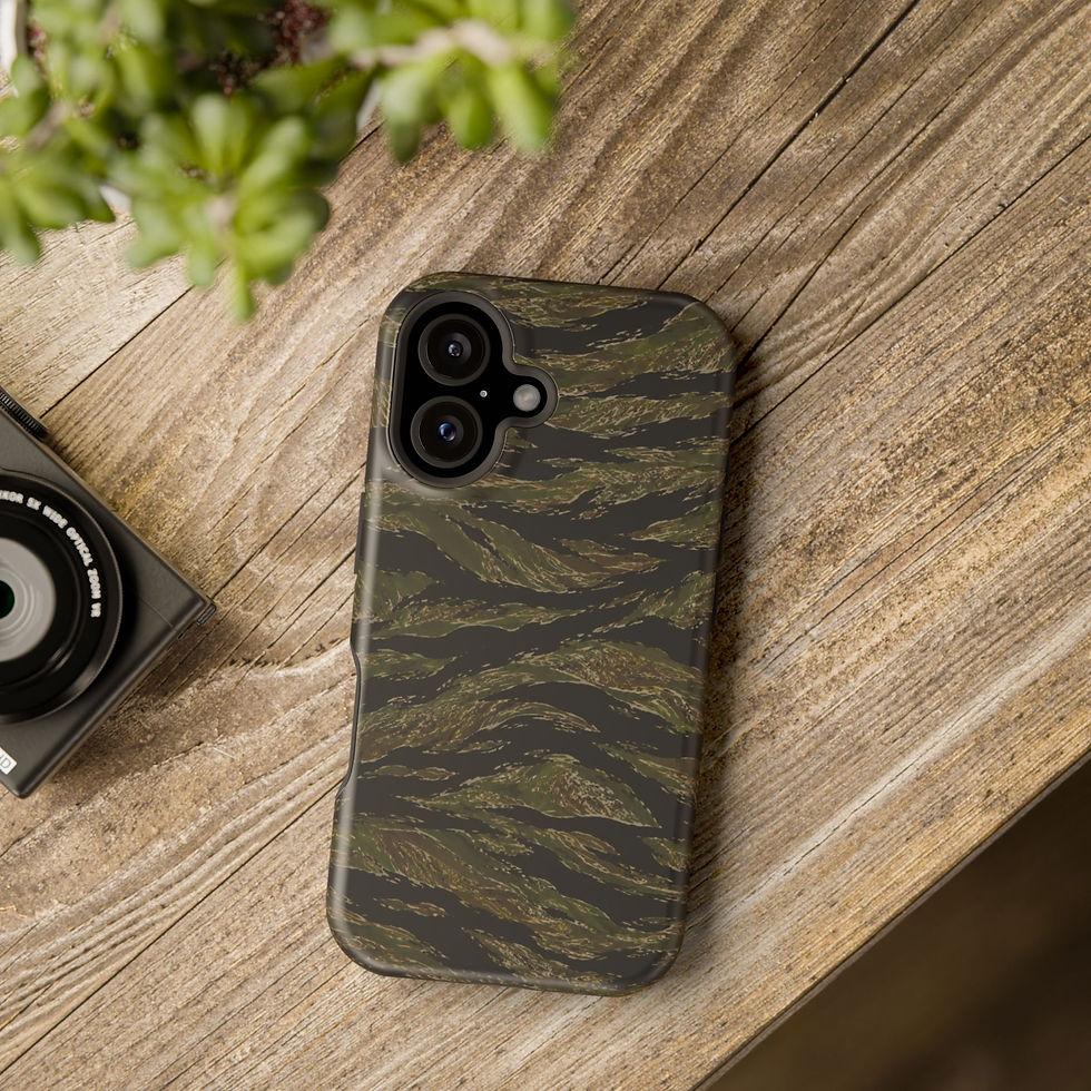 Vietnam Tiger Stripe Woodland Camo Magnetic Phone Case – Lifestyle Tabletop View